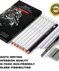 White Charcoal Pencils Set 12 Piece For Dark Paper Drawing And Sketching Includes 6 White Pencils Eraser Pencil Art Knife