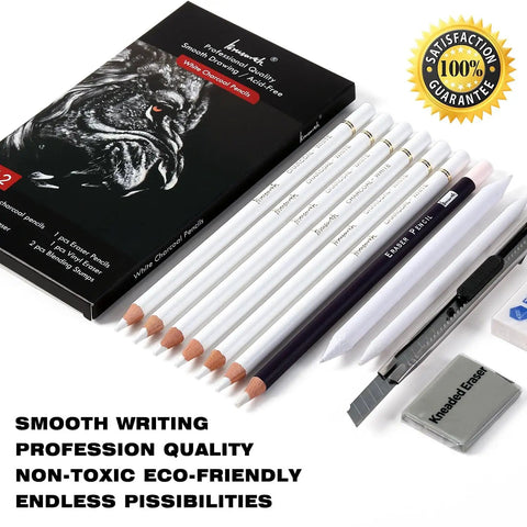 White Charcoal Pencils Set 12 Piece For Dark Paper Drawing And Sketching Includes 6 White Pencils Eraser Pencil Art Knife