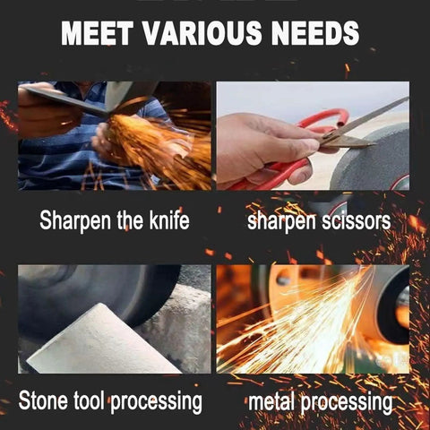 Image showing uses of 5 Inch Bench Grinder Cranking 3000 Rpm Pure Copper Motor for sharpening tools and processing metal.
