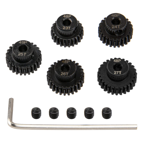5 Pack Steel Pinion Gears 48P 3.175mm Shaft Set 23T 24T 25T 26T 27T For 1/8 Inch RC Motors with Allen key and screws