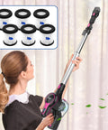 Woman using cordless vacuum, inset shows Six Pack HEPA Filter Replacement For N5S N5T S6T S6P Pro S610 TMA T120 T121 T151 T150