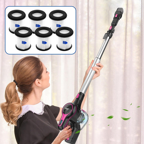 Woman using cordless vacuum, inset shows Six Pack HEPA Filter Replacement For N5S N5T S6T S6P Pro S610 TMA T120 T121 T151 T150