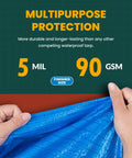 Hands holding blue Heavy Duty Waterproof Tarp 5 Mil Thick Poly Tarpaulin 30x60 Feet For Indoor Outdoor Use