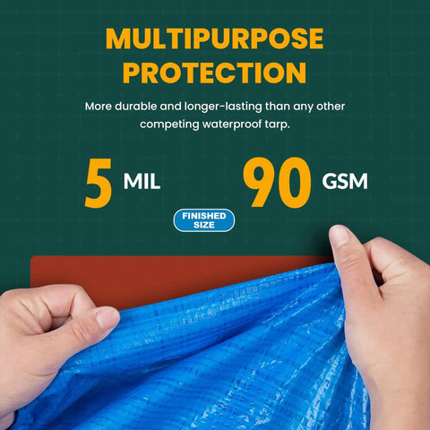 Hands holding blue tarp showing multipurpose protection with 5 mil thickness and 90 GSM, contrasting against background text.
