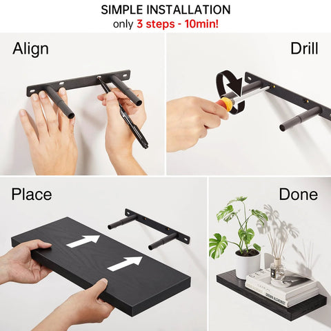 Installation steps for Wall Floating Shelves, Wall Mounted Rustic Wood Shelves for Bathroom, Bedroom, Living Room, Kitchen.