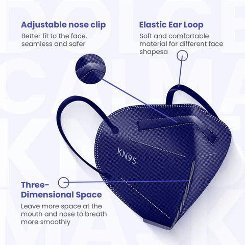 KN95 Face Mask 60 Pack Individually Wrapped 5 Ply Breathable Multicolor Masks For Adults, showing nose clip and ear loop features