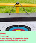 Backyard Archery Target Kit With High Density EVA Foam For Practice Arrow Stopping Cushion Includes Five Target Papers And Four Pins Rope For Easy Setup Ideal For 10 To 30 Pound Bows Durable Arrow Stopper, yellow stand, foam target on grass