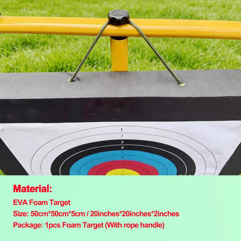 Backyard Archery Target Kit With High Density EVA Foam For Practice Arrow Stopping Cushion Includes Five Target Papers And Four Pins Rope For Easy Setup Ideal For 10 To 30 Pound Bows Durable Arrow Stopper, yellow stand, foam target on grass