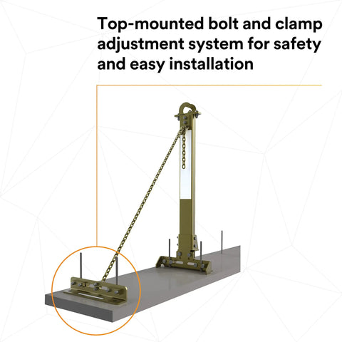 Heavy Duty Horizontal Lifeline System For Steel Beams featuring adjustable top-mounted bolt, clamp, and galvanized tie back base.