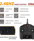 2.4GHz remote control for A300 4 Channel RC Plane With LED Lights Beechcraft D17 Style, showing buttons and battery slot