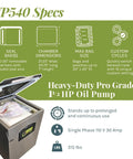 Heavy Hitter Chamber Vacuum Sealer With Rock Solid 1.5 Hp Rotary Oil Pump Built Tough for Commercial Chefs, showing specs.