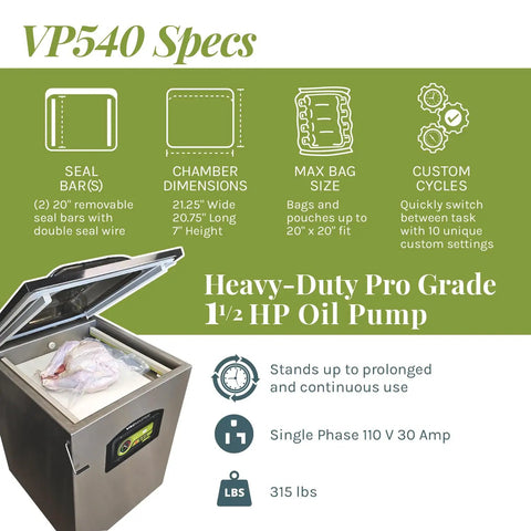 Heavy Hitter Chamber Vacuum Sealer With Rock Solid 1.5 Hp Rotary Oil Pump Built Tough for Commercial Chefs, showing specs.