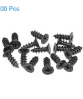 Heavy Duty M4 X 12mm Phillips Flat Head Self Tapping Wood Screws Black Carbon Steel With Rust Resistant Finish Slick Threading For Tough Weekend Builds 100 Pcs laid out, showcasing Phillips flat head design.