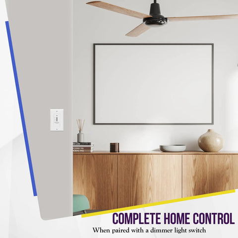 3 Speed In Wall Ceiling Fan Control with Slider Switch installed in a modern home setting showing white decor and fan in background.