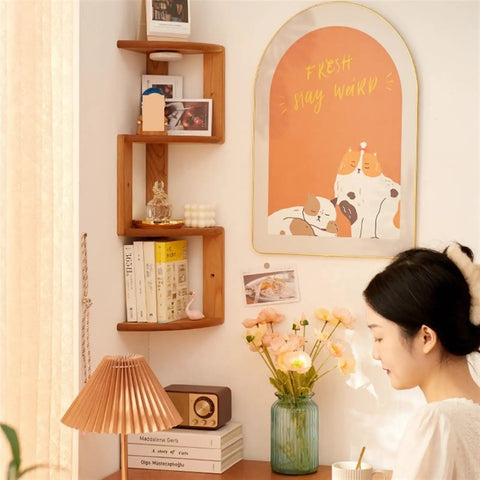 Solid Wood Corner Shelf For Desktop And Wall Mount Triangle Log Countertop Storage Space Saving Floating Bookshelf For Living Room