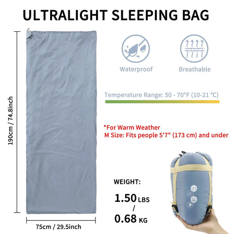 Ultralight Backpacking Sleeping Bag For 50 To 70 F Weather, 1.5 Lb Packable To 11.8 X 6.5 Inches, Waterproof, blue shown folded and open