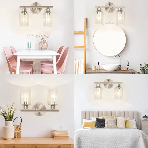 Four different rooms showcasing 2 Light Wall Sconce Vanity Light In Brushed Nickel With Clear Glass Shades installed above mirrors.