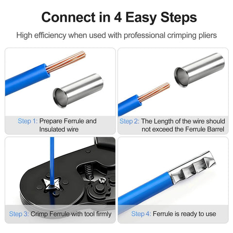 100 Pack AWG 6 And 16mm2 Copper Crimp Connectors 18mm Long Non Insulated Ferrule Pin Terminals installation guide in 4 steps