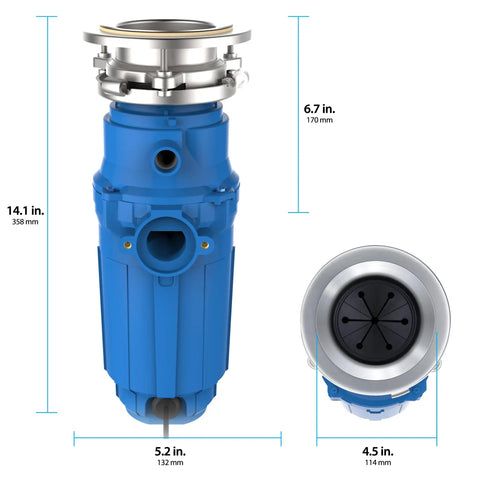 Elite Three Quarter Horsepower Garbage Disposal With Continuous Feed, Noise Insulated Kitchen Waste Grinder dimensions and design