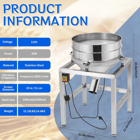 Automatic Powder Sifter Machine With 110V Electric Vibrating Flour Sieve Shaker on stainless steel frame, 40/100 mesh screens.