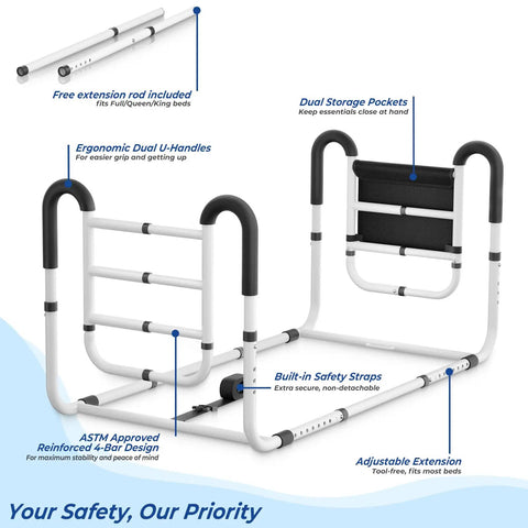 Dual Side Bed Rails For Seniors With 350 Pound Capacity ASTM Approved 4 Bar Anti Tip Frame Ergonomic U Handles No Tools Needed