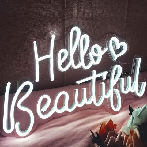 Hello Beautiful Heart White LED Neon Sign For Bedroom And Home Bar Cafe Decor Romantic 3D Art Gift For Friends Girlfriend Wife Wedding Vibe 17X13 Inch Wall Light