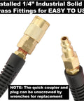 Built Tough 1/4 Inch Polyurethane Air Compressor Hose 100 Feet Long with brass fittings for easy use and replaceable connectors.