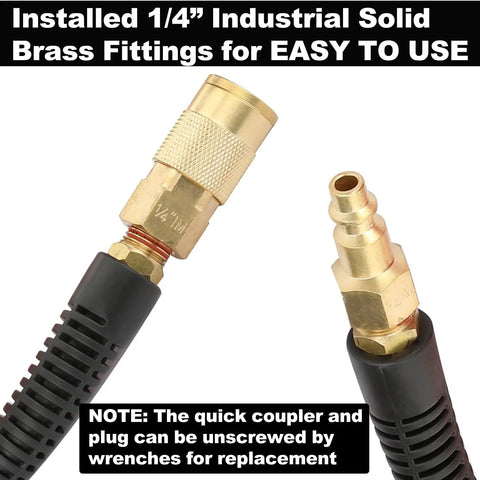 Built Tough 1/4 Inch Polyurethane Air Compressor Hose 100 Feet Long with brass fittings for easy use and replaceable connectors.