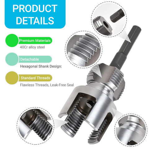 Close-up of Heavy Duty 1/2 Inch Pvc Pipe Threader Tool for Internal and External Threading, 40Cr alloy steel construction.