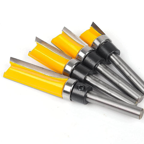 Flush Trim Router Bit Set With Top Bearing Four Piece Kit One Quarter Inch Shank Cutting Lengths Half Inch Three Quarter Inch One Inch And One Half Inch Template Guide For Woodworking Milling Cutter Tool For Plywood Hardwood Softwood.