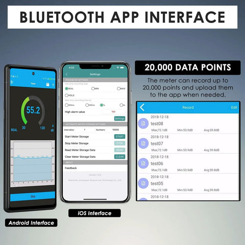 Portable Bluetooth Decibel Meter With Data Logging And Smartphone App Connectivity, Records 30 To 130 DBA Noise Levels, Includes Data Hold, Max Min Alarm, And Backlit LCD Display For Easy Readouts, app screens