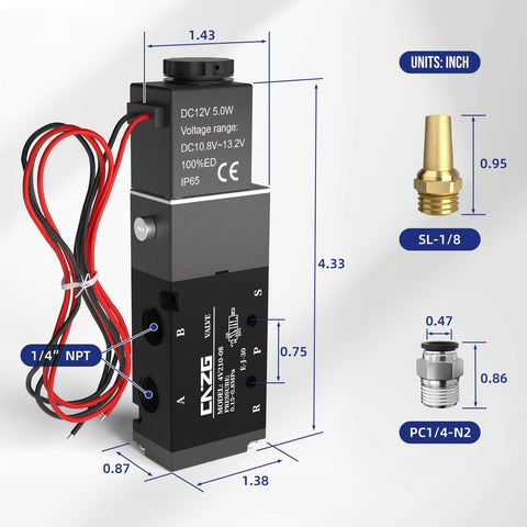 2-Position 5-Way Pneumatic Solenoid Valve DC12V Pilot-Operated Out Of Line Kit with 1/4 NPT ports, includes components