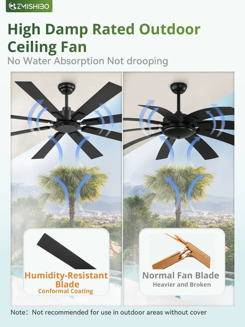 65 Inch Outdoor Ceiling Fan With Remote No Light Damp Rated Black Modern Design 6 Speed Reversible DC Motor Humidity Resistant