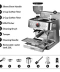 Kickstart Your Day Right With This Built In Grinder Espresso Machine showing parts like coffee filters, milk pitcher, and water tank.