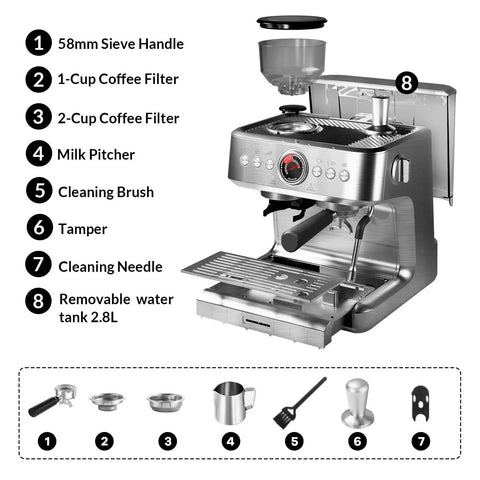 Kickstart Your Day Right With This Built In Grinder Espresso Machine showing parts like coffee filters, milk pitcher, and water tank.