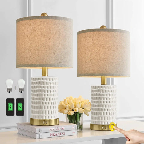 Farmhouse Ceramic Table Lamps Set Of 2 With 3-Way Dimmable Touch Control White Bedside Lamps With USB A And USB C Ports