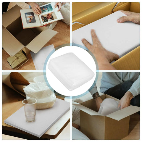 Collage showing 100 Pack EPE Foam Pouches For Packing Dishes And Fragile Items in use for shipping and packaging