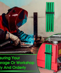 Welder using Welding Rod Storage Set With 8 Slot TIG Rod Rack And 8 40 Inch Tungsten Electrode Tubes Wall Mount Organizer installed on wall