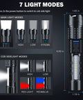 Diagram showing 7 light modes of 90000 Lumen Rechargeable LED Flashlight 2 Pack, featuring size and beam functions.