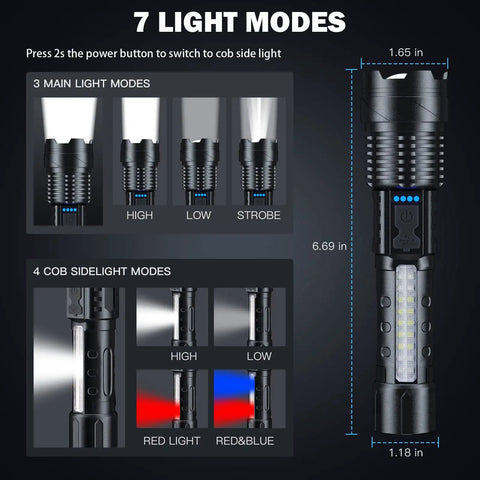 Diagram showing 7 light modes of 90000 Lumen Rechargeable LED Flashlight 2 Pack, featuring size and beam functions.