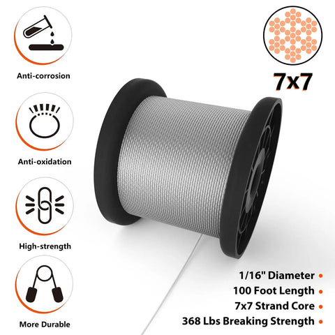 Beefy Heavy Duty Wire Rope Crimp Kit With 100 Ft 1/16 Inch 304 Stainless Steel Cable For Home Improvement And Outdoor Projects Like Clotheslines Garden Lighting Railings Marine Rigging And More, 7x7 spool