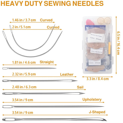 Upholstery Repair Kit With Bonded Waxed Round Thread, Pro Grade Heavy Duty Sewing Needles, Leather Sewing Set dimensions and kit contents