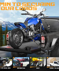 Self Retracting Ratchet Straps 1 Inch By 10 Feet, 1650 Pound Break Strength, 4 Pack securing motorcycle on truck