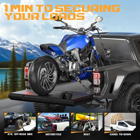 Self Retracting Ratchet Straps 1 Inch By 10 Feet, 1650 Pound Break Strength, 4 Pack securing motorcycle on truck