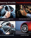 Image displaying steering knuckle troubleshooting issues: misalignment, vibration, pulling, and tire wear for vehicle maintenance.