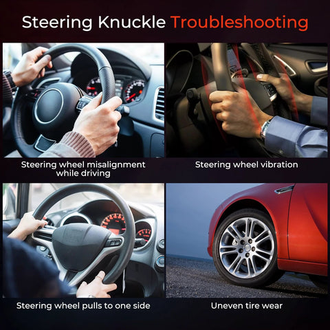 Image displaying steering knuckle troubleshooting issues: misalignment, vibration, pulling, and tire wear for vehicle maintenance.