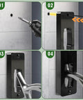 Two Piece Wall Mount Fishing Reel Rack Built For Spinning Reels Only installation process showing drilling and mounting steps.