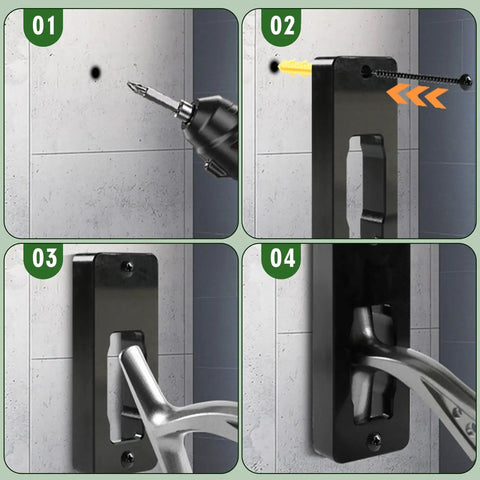 Two Piece Wall Mount Fishing Reel Rack Built For Spinning Reels Only installation process showing drilling and mounting steps.