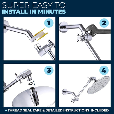 Step-by-step installation of 12 Inch Adjustable Shower Arm With Shark Teeth Locking Joints, Tough As Nails All Metal Chrome Extension Bar