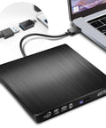 External CD DVD Drive Portable USB 3.0 And USB-C CD RW Drive For Laptop And Desktop, black slim external drive connected to laptop